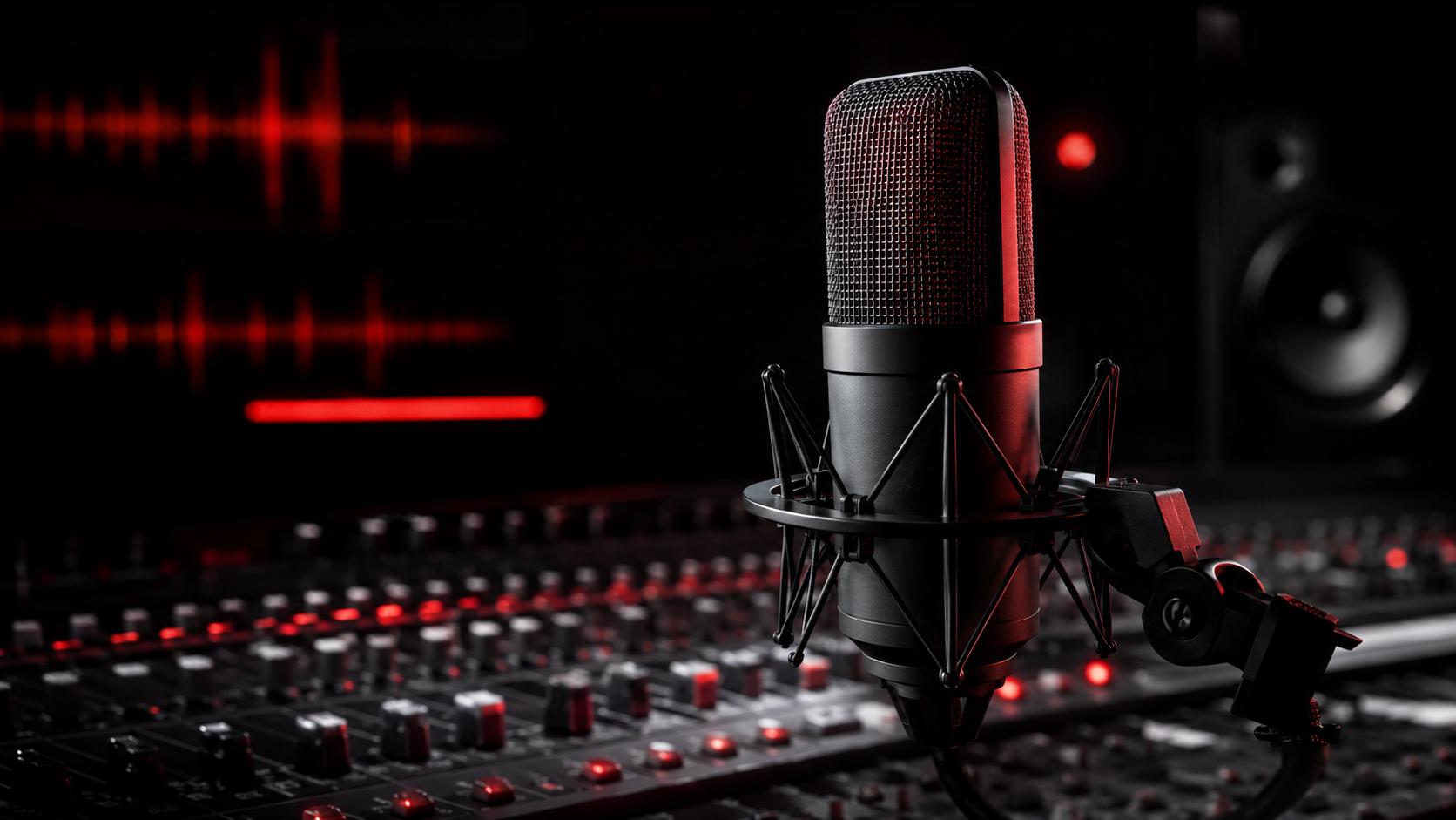 Studio microphone and mixing console with red accent lighting