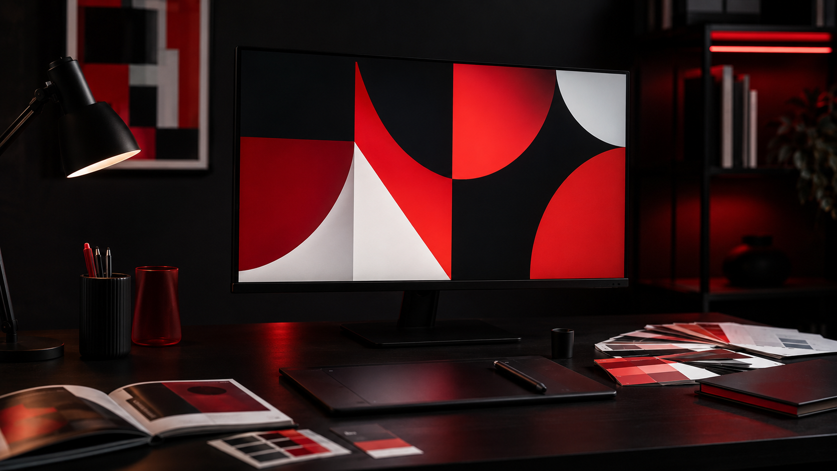 Digital design workspace displaying abstract red, black, and white brand graphics