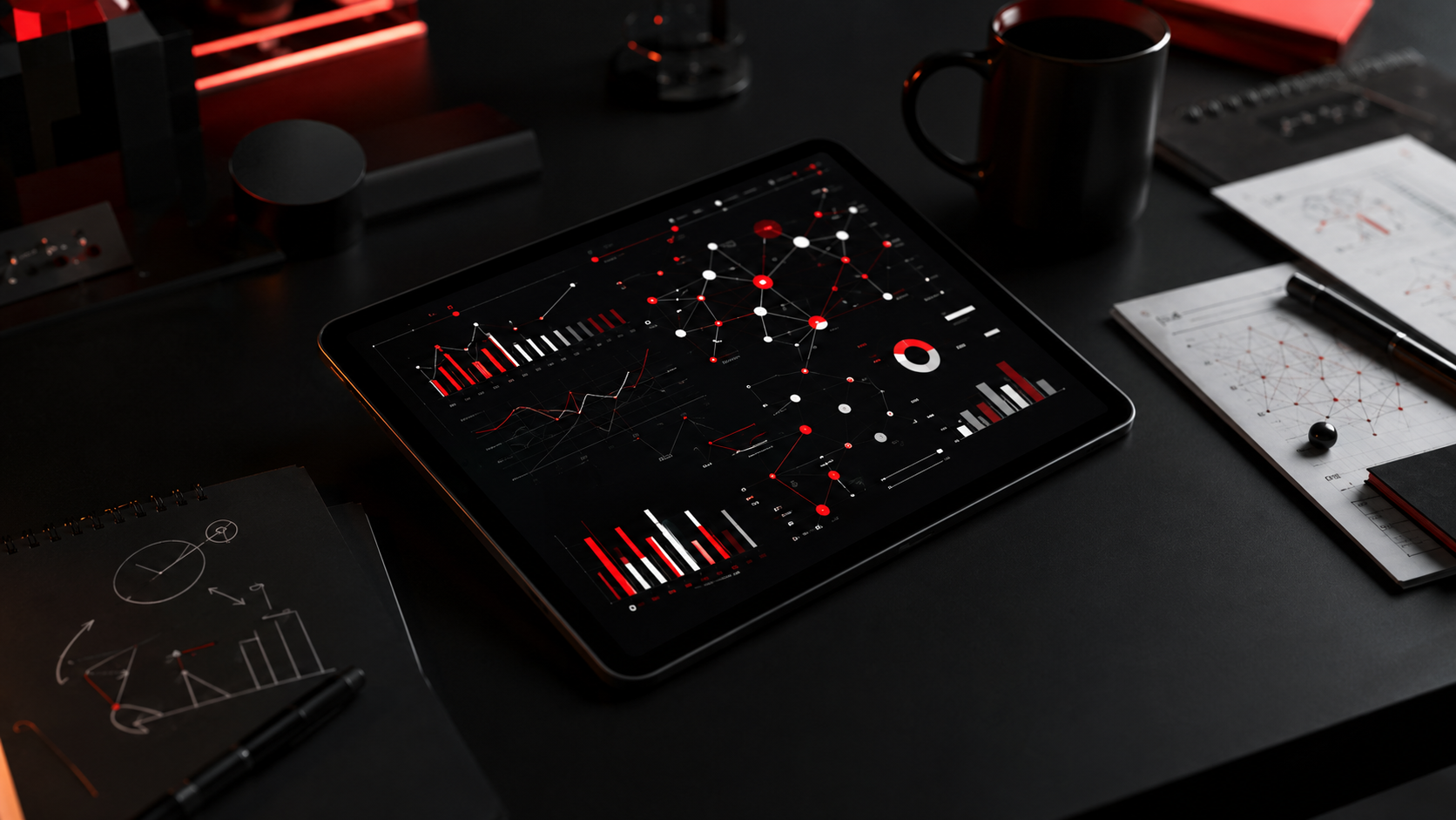 Media strategy workspace with abstract analytics and connected planning nodes