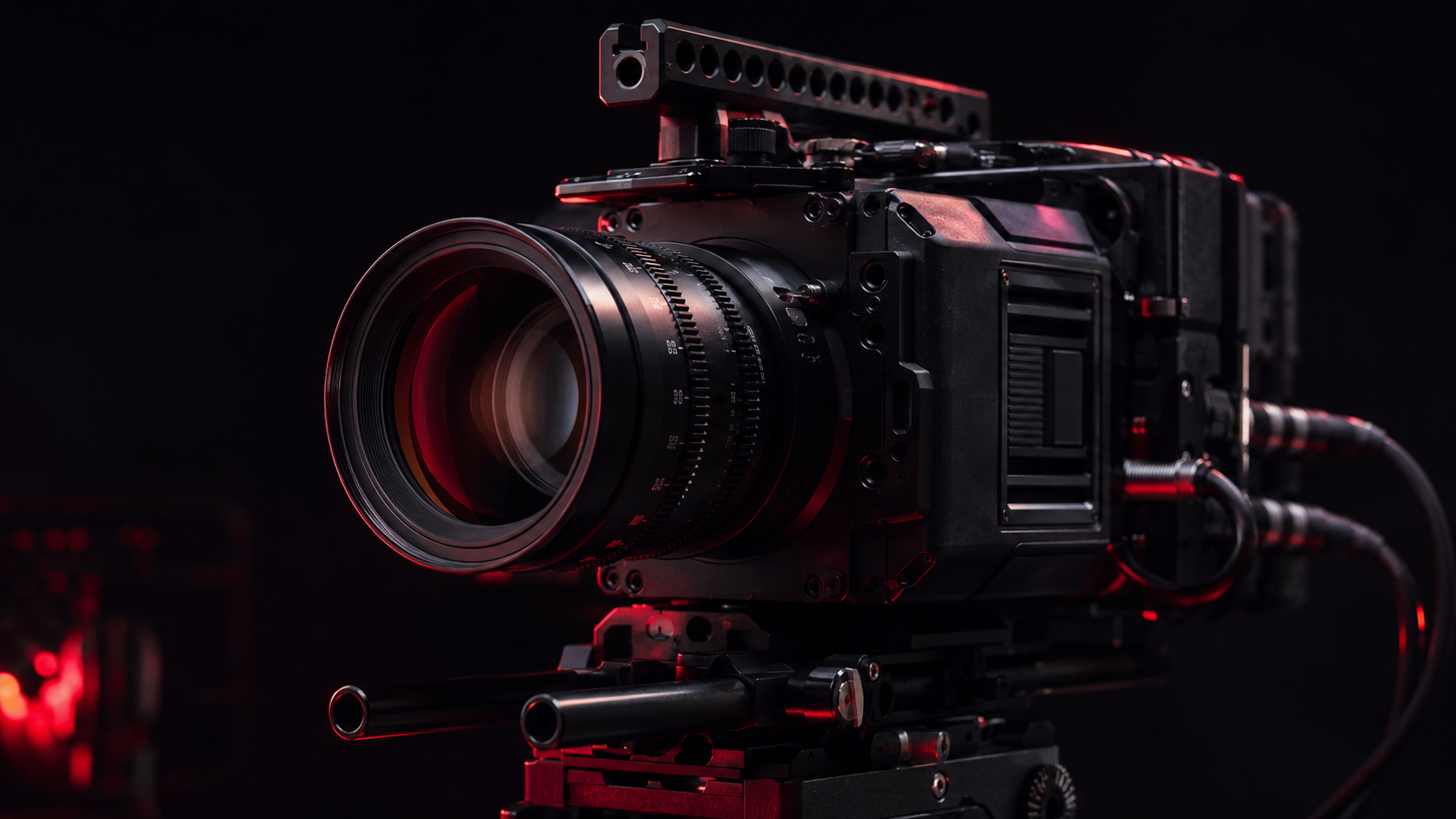 Professional cinema camera in a dark studio with red accent lighting